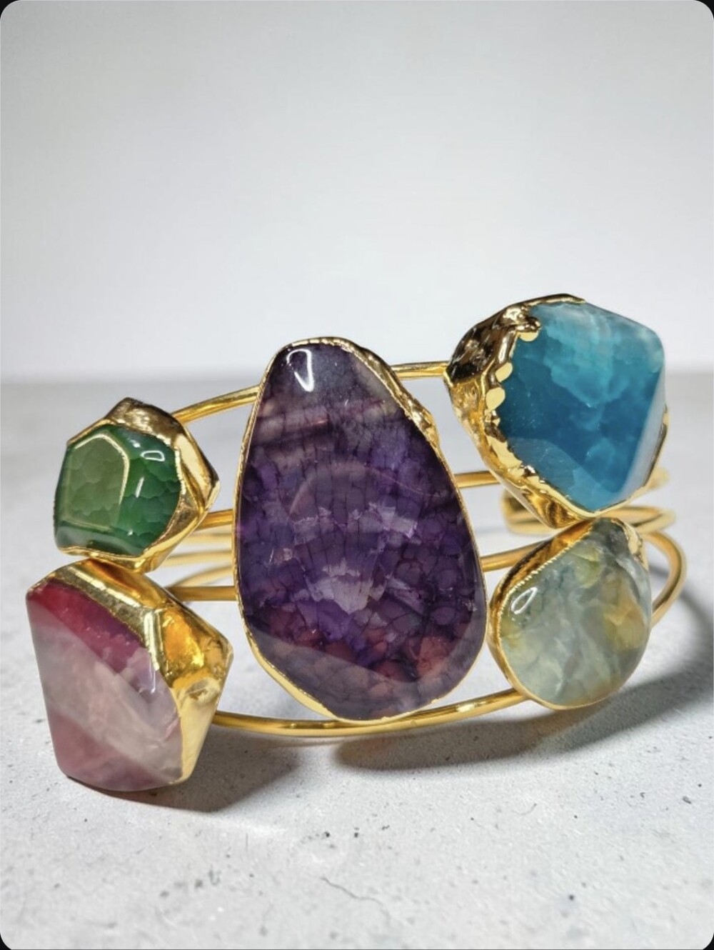18k Gold Plated Chunky Artisan Agate Natural Stone Multi Color Cuff Bracelet